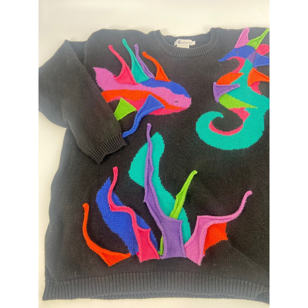 Vintage Marie Diamond Black Knit Sweater Fish Seahorse Abstract Art Size‎ L